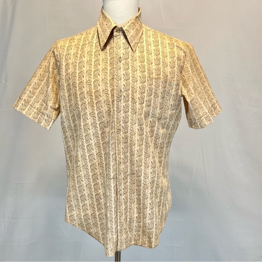 VINTAGE Montgomery Ward 70s men’s button down shirt short sleeve floral neutral - Picture 6 of 11